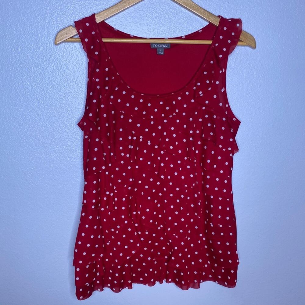 Roz & Ali Red Ruffle Tank w White Dots Medium